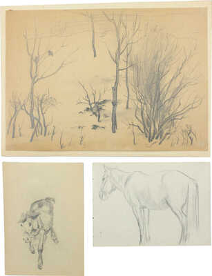 Исупов Алексей Владимирович. Лот из пяти листов с этюдами (теленок, два наброска с лошадьми, пейзаж в деревне, лес весной)